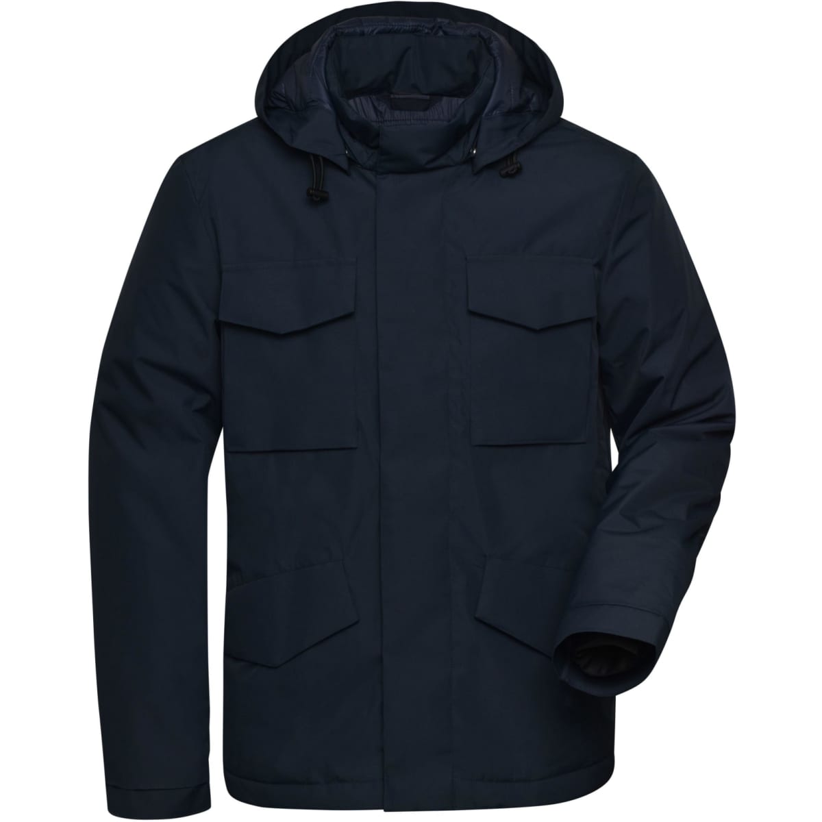 A navy blue men's business jacket with a hood, featuring multiple front pockets and a zip closure.