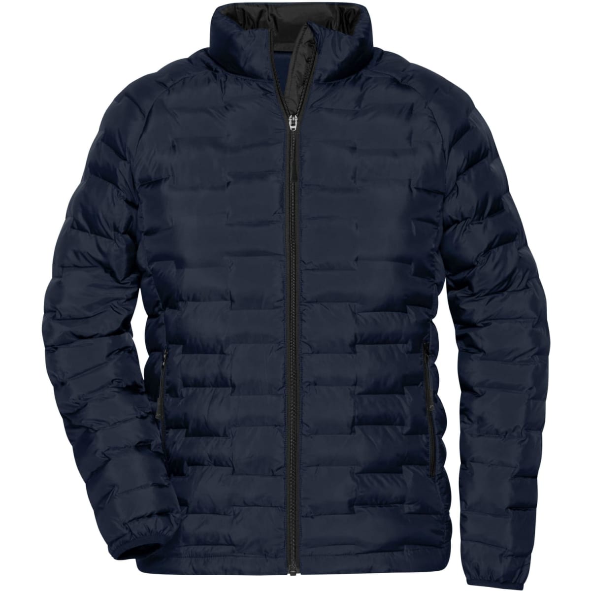 A navy padded jacket with a zip-up front and side pockets, featuring a logo on one side.
