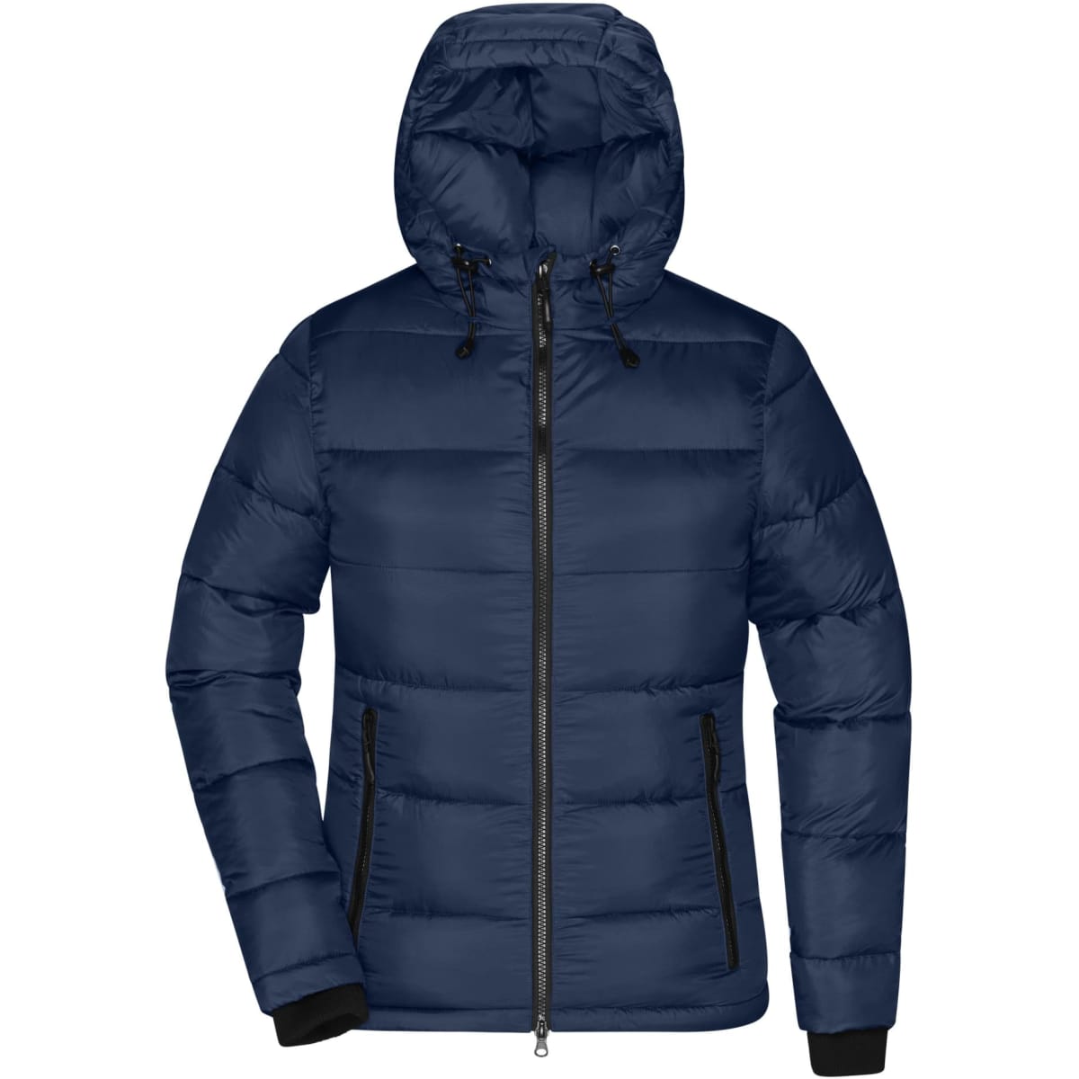 A padded puffer jacket in dark navy with a hood and zip, featuring black zippered pockets and a logo.