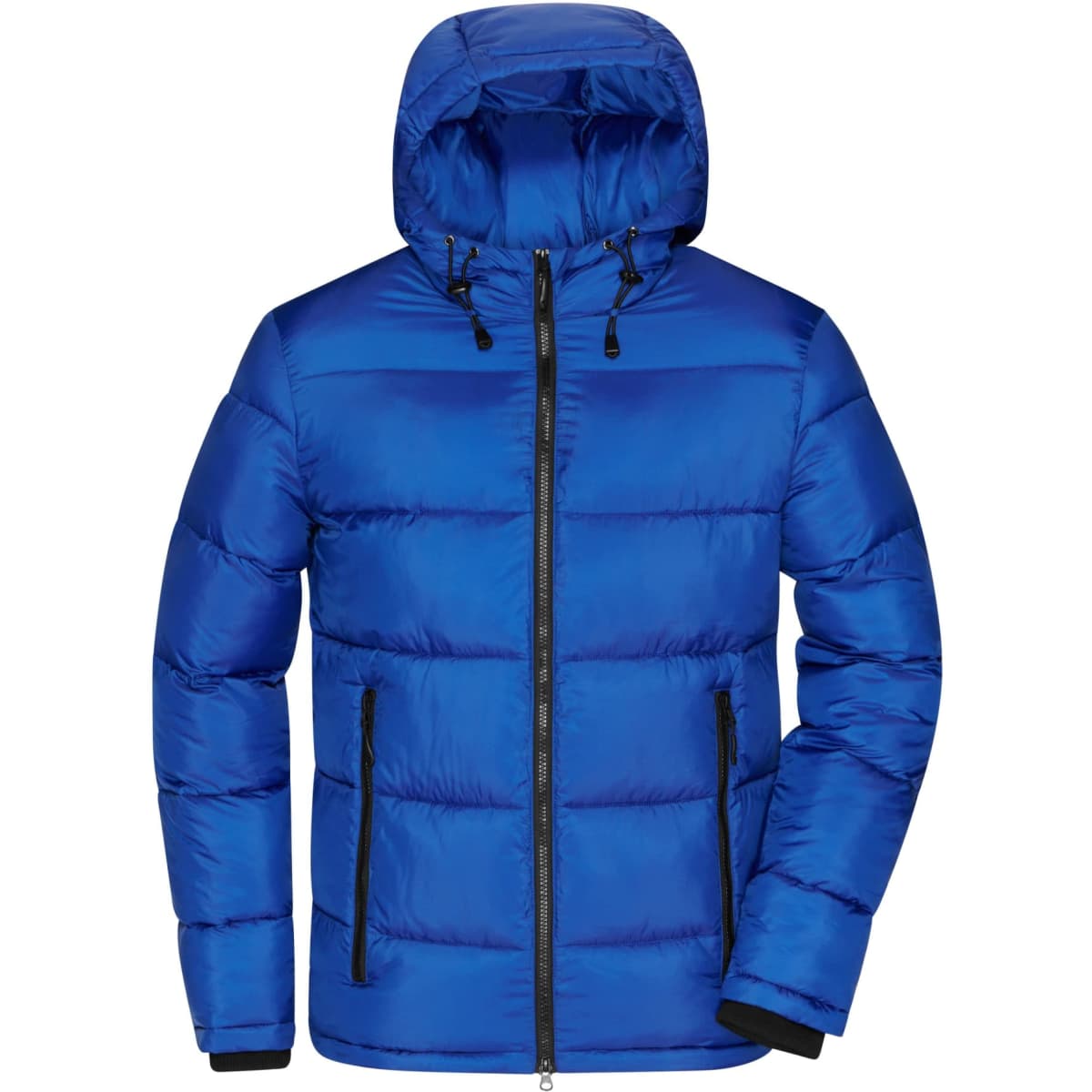 A blue padded puffer jacket with a hood, featuring zippered pockets and a logo.