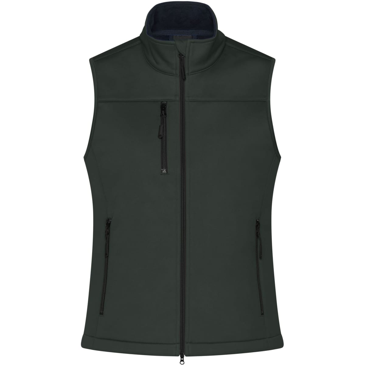 A ladies' softshell vest in dark green, featuring a front zip and three zippered pockets. It has a branding logo.