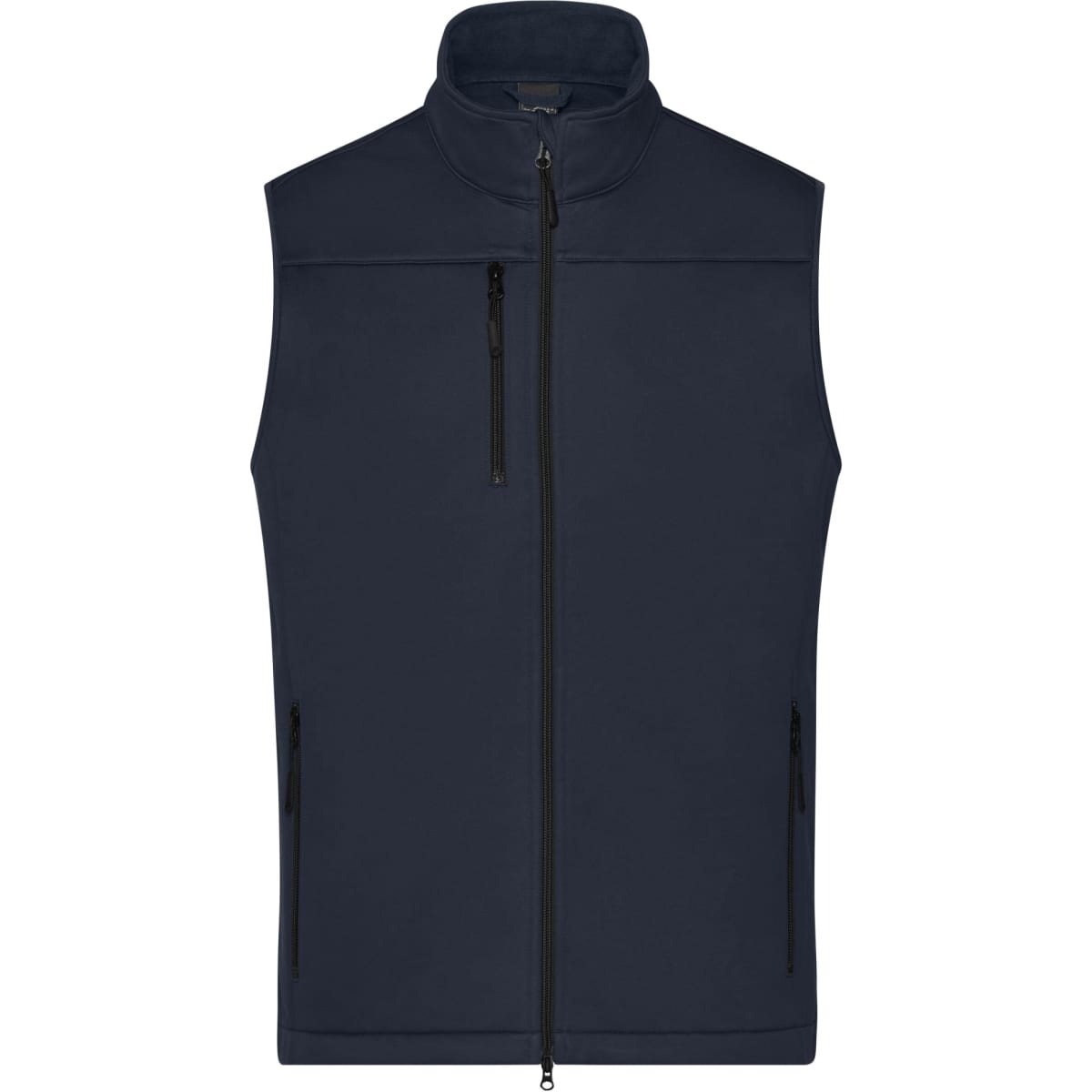 A navy men's softshell vest featuring a high collar and zippered pockets, with a subtle logo displayed.