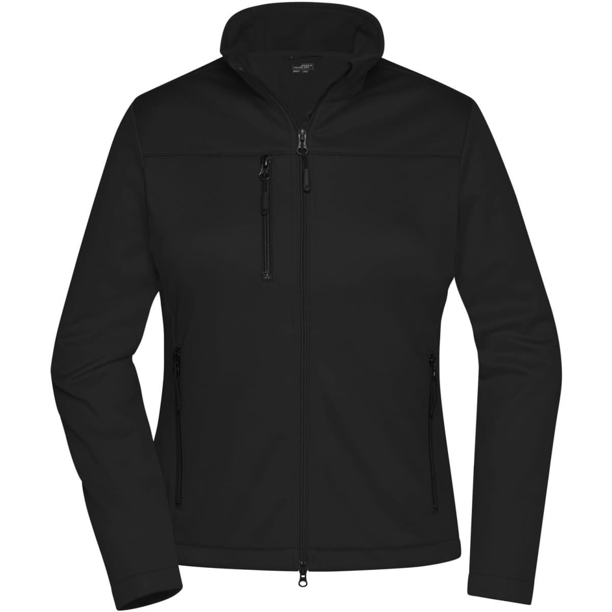 A black softshell jacket for ladies featuring a zip front, two side pockets, and a logo on the chest.