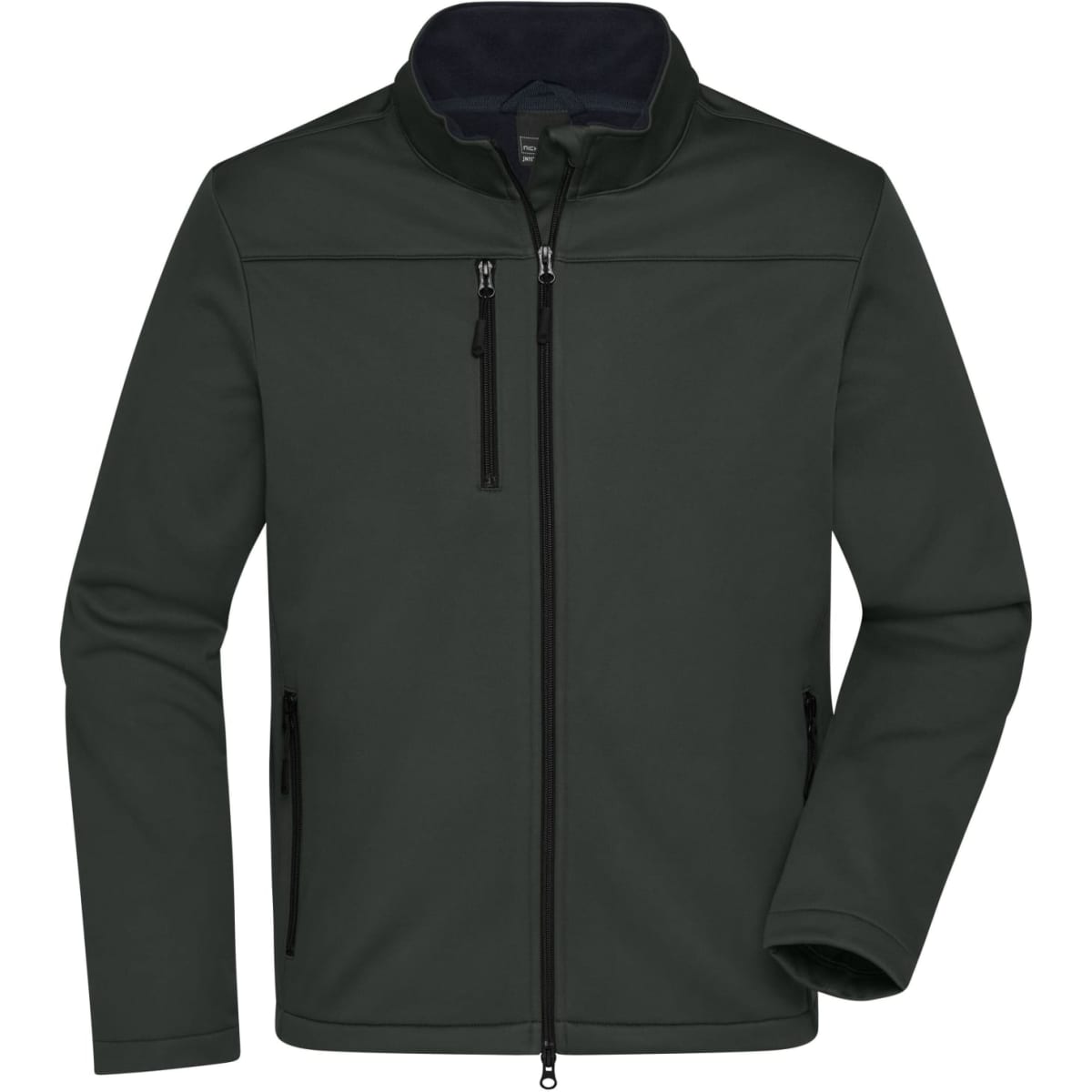 A dark green men's softshell jacket with a zippered front and side pockets. It features a collar and has a logo.