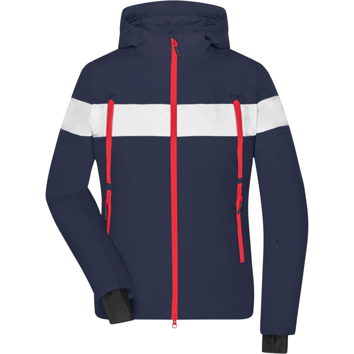 A navy soft shell jacket with a white stripe across the chest and red zippers. It features a hood and two side pockets.
