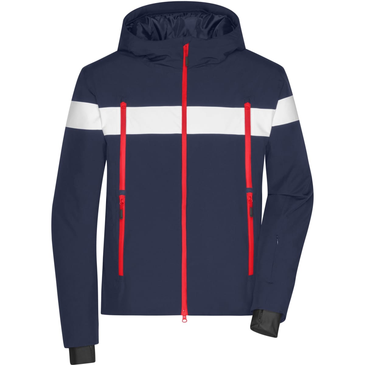 A navy blue wintersport jacket featuring white and red stripes, with three zippered pockets and a hood.
