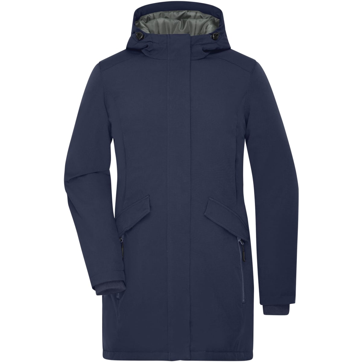 A navy ladies business parka with a hood, featuring two side pockets and zippers. It includes a logo on the design.