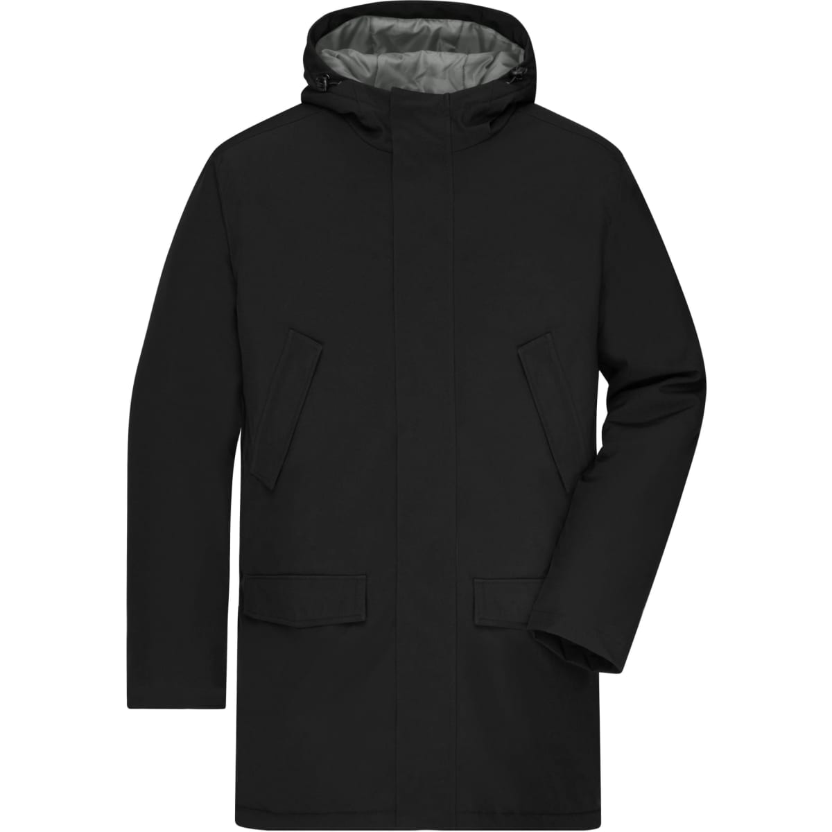 A black business parka jacket featuring a hood and front pockets, with a grey interior lining.