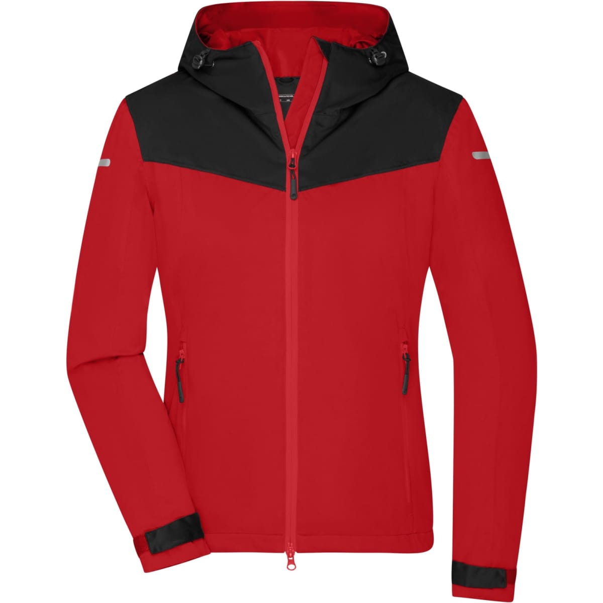 A red and black ladies all-weather jacket with a hood, featuring zippered pockets and a branded logo.