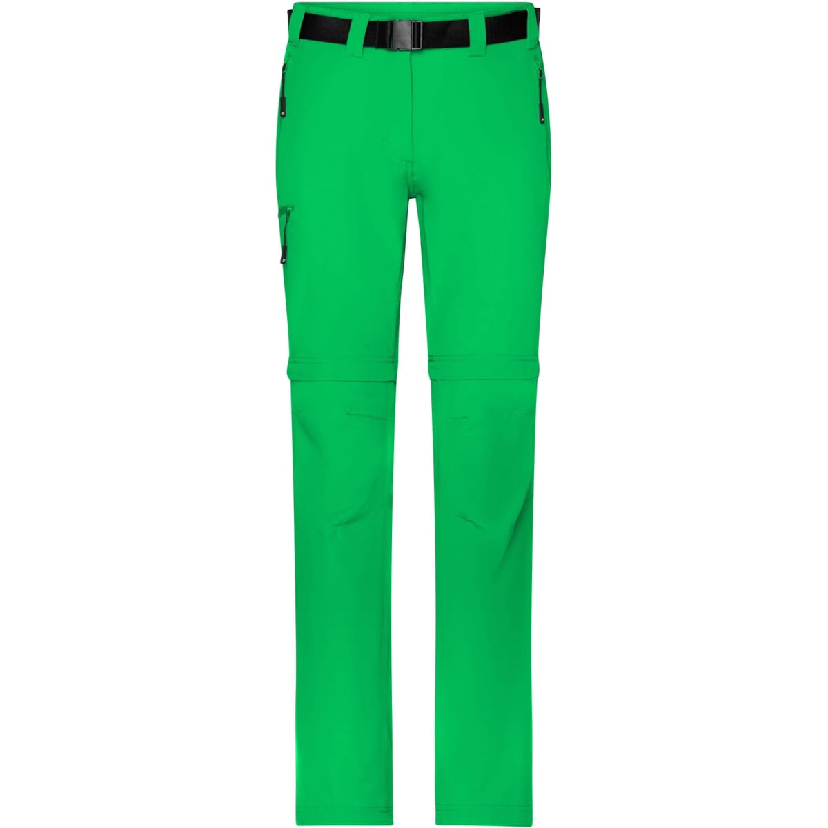 Bright green zip-off trekking pants with a black belt and pockets, designed for outdoor activities. Features a logo.