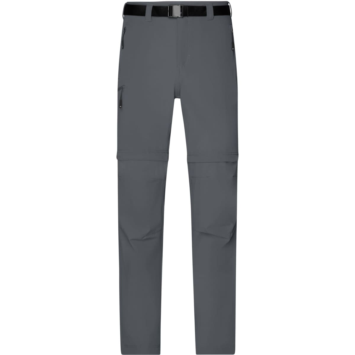 Mens zip-off trekking pants in grey featuring a belt and zippered pockets. Suitable for outdoor activities.