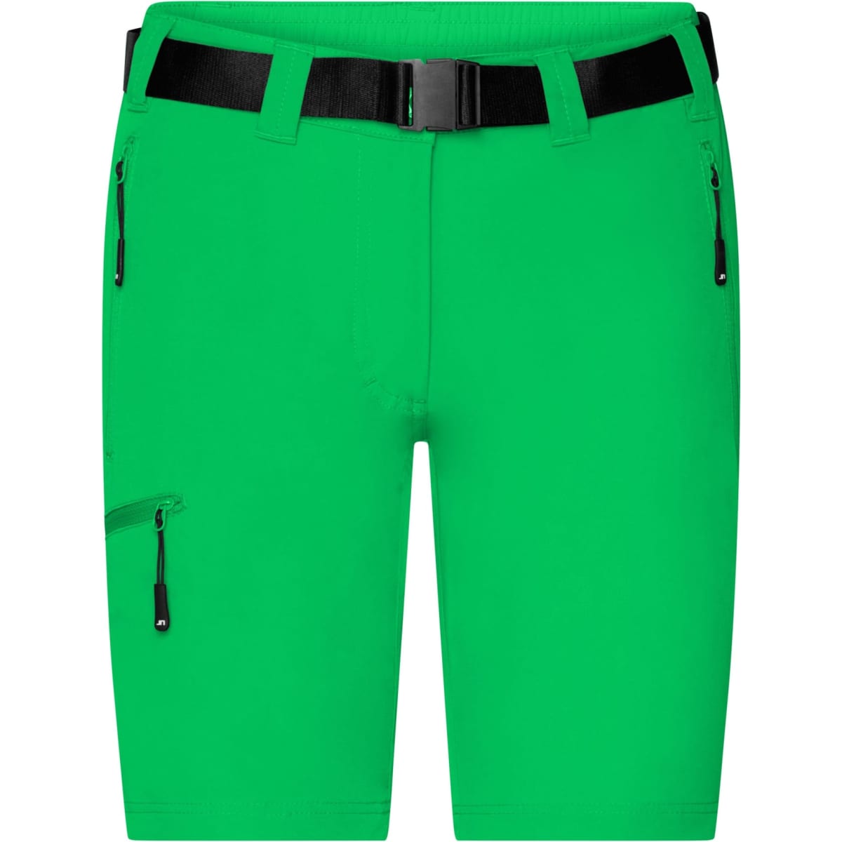 Green ladies trekking shorts featuring a belt, zippered pockets, and a sleek design with a logo.