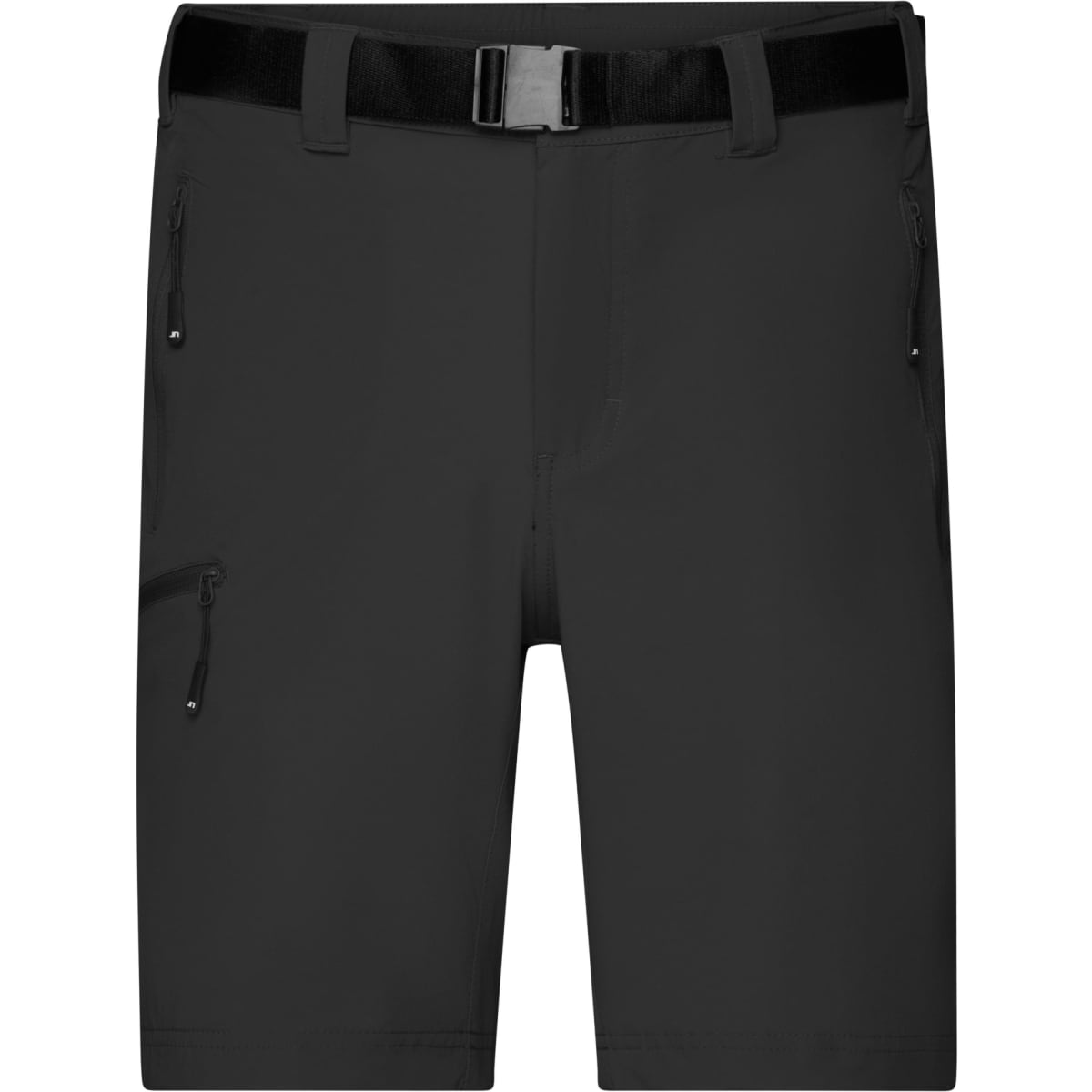 Black trekking shorts featuring a belt and multiple zippered pockets. The shorts have a sleek, functional design.