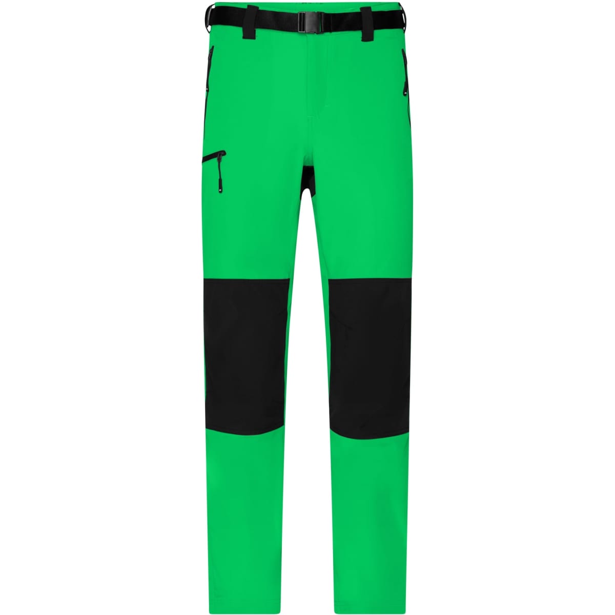 Bright green trekking pants with black accents and a belt. Features zippered pockets and a logo patch.