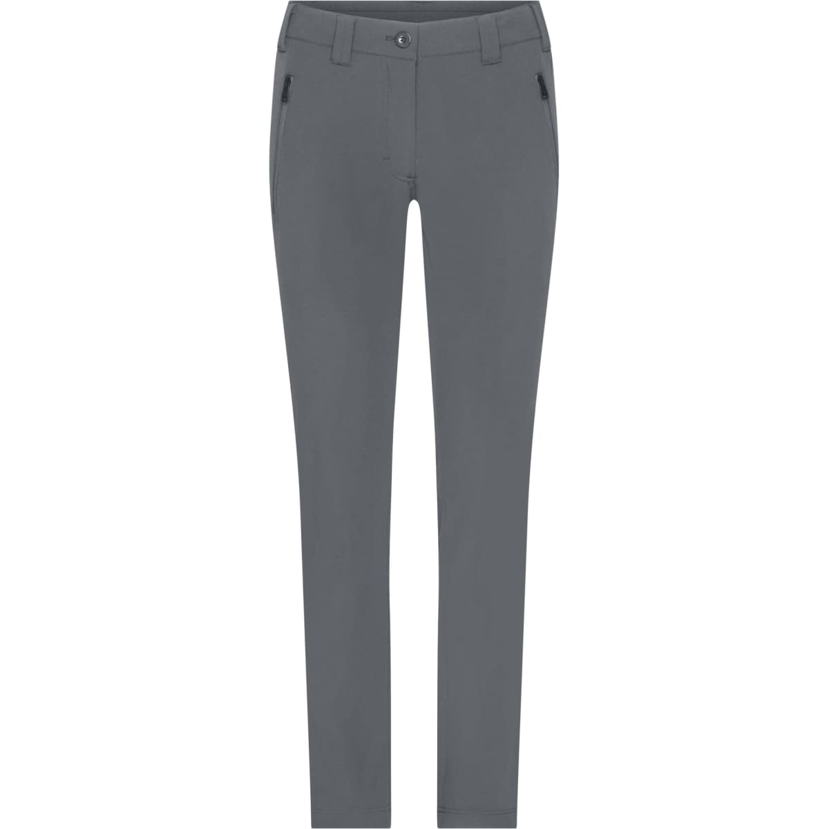 A pair of grey slacks for ladies featuring a slim fit and pockets, with a subtle branding logo.