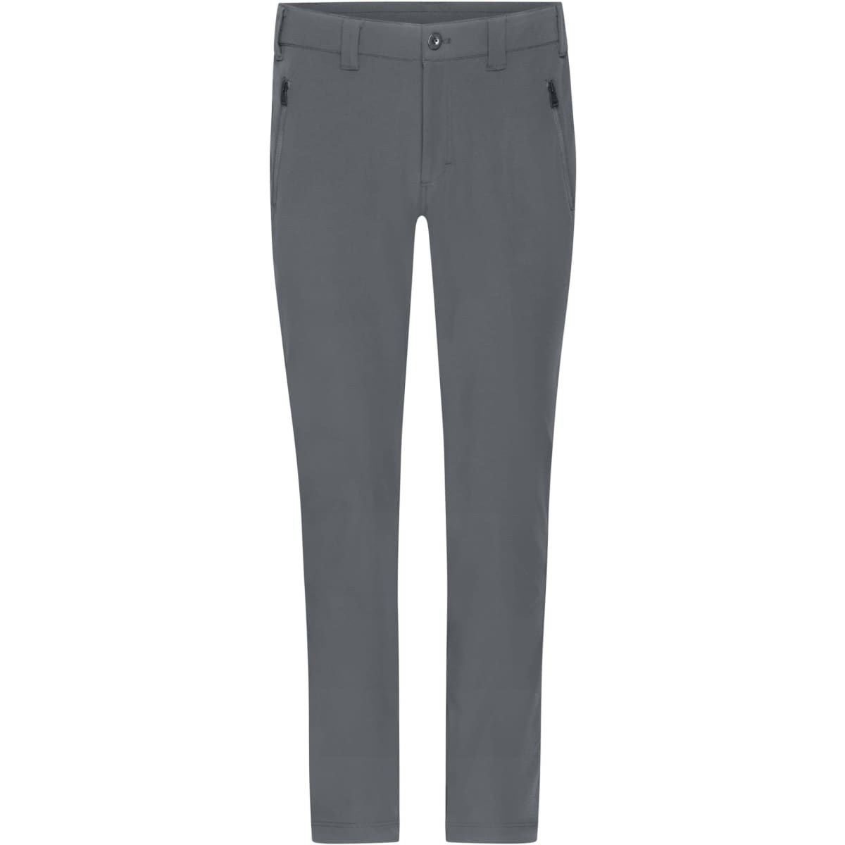 Cargo pants in a sleek grey colour, featuring side pockets and a button closure. The design includes a subtle logo.