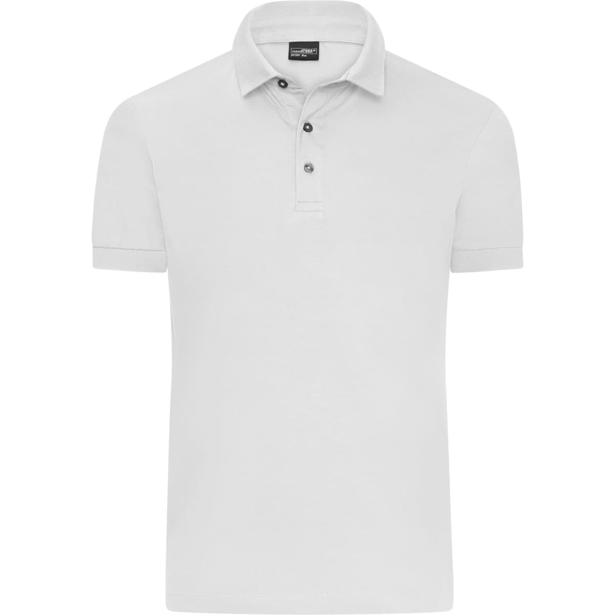 A white men's mercerised polo shirt with a collared neckline and button placket, featuring a logo.