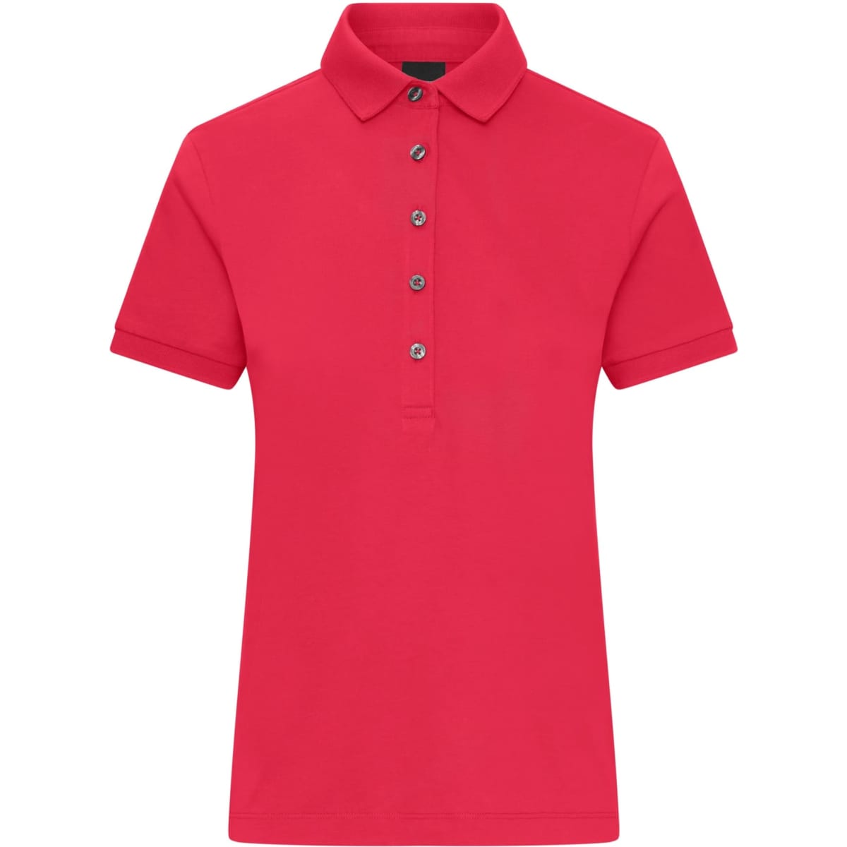 A vibrant red ladies' polo shirt with a collar and button placket, featuring an unobtrusive logo.