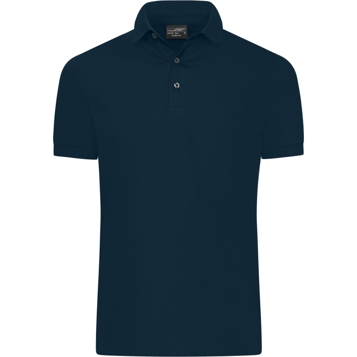 A navy blue men's polo shirt with a slim fit, featuring a collar and three buttons. Includes a logo.
