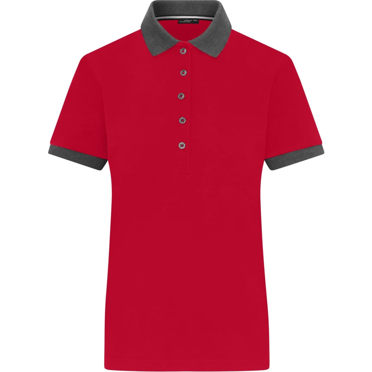 A red polo shirt with a grey collar and sleeves, featuring buttons and a logo. Suitable for casual wear.
