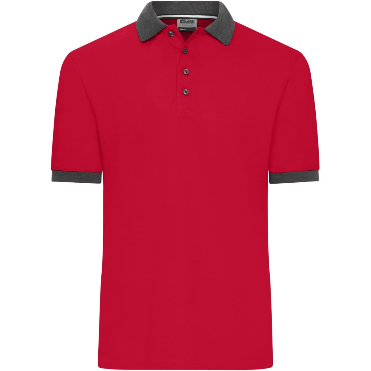 A red polo shirt with a grey collar and sleeves, featuring buttons and a logo.