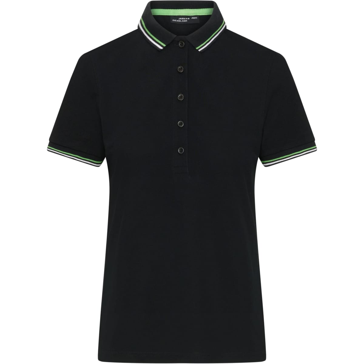 A black ladies polo shirt with a collar featuring green and white stripes and a button placket.
