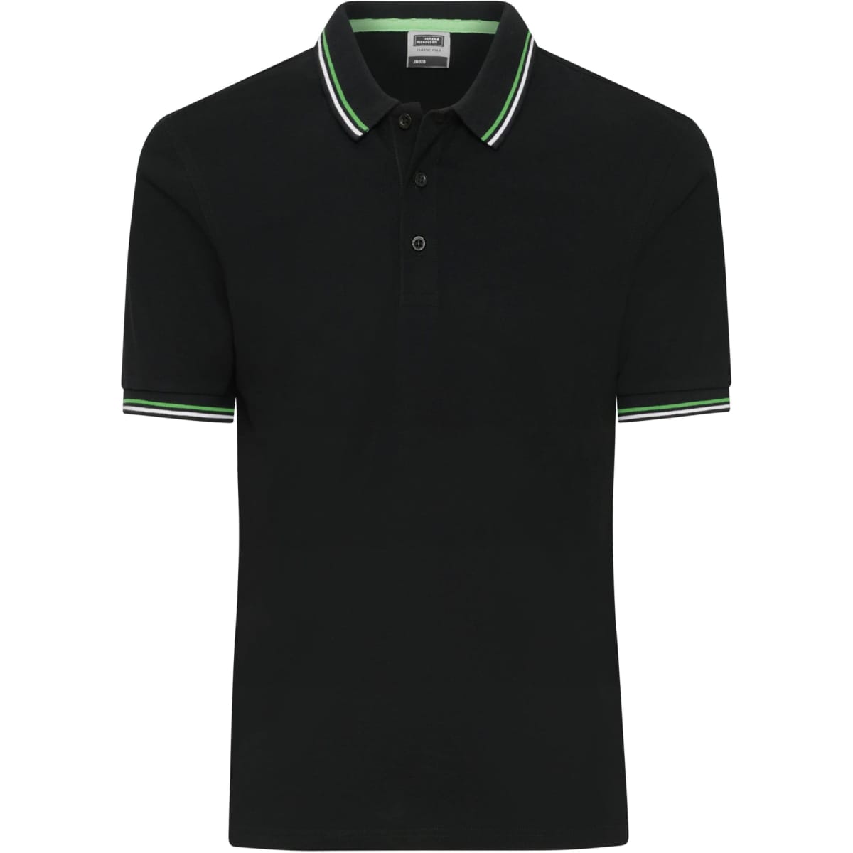 A black polo shirt with short sleeves and green and white striped detailing on the collar and sleeves. It features a logo.