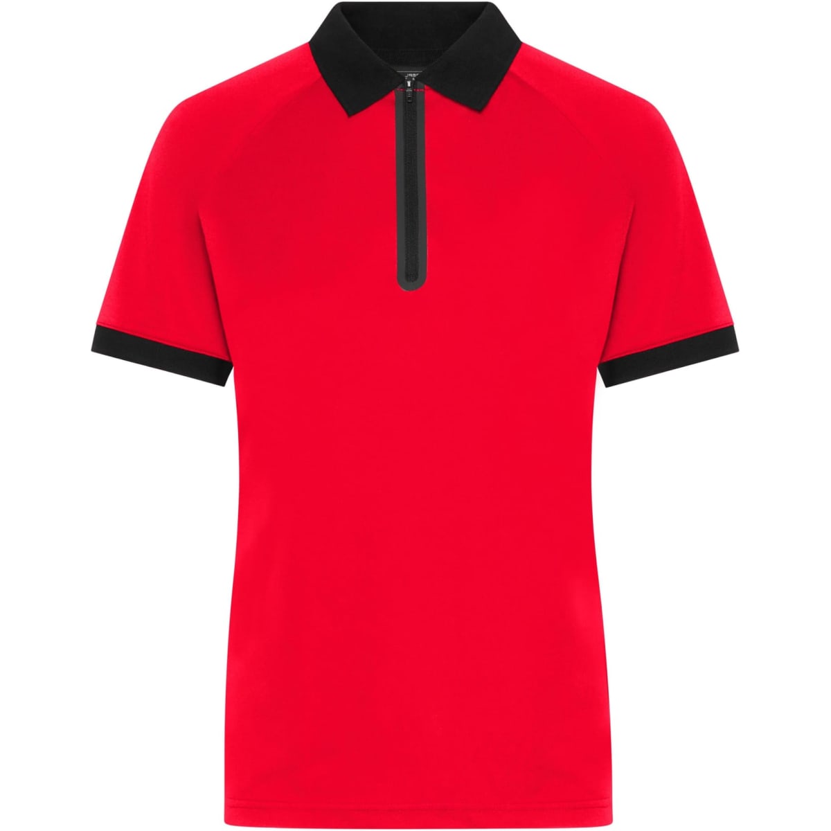 A red polo shirt featuring a black collar and zip placket, designed for women with a branded logo.