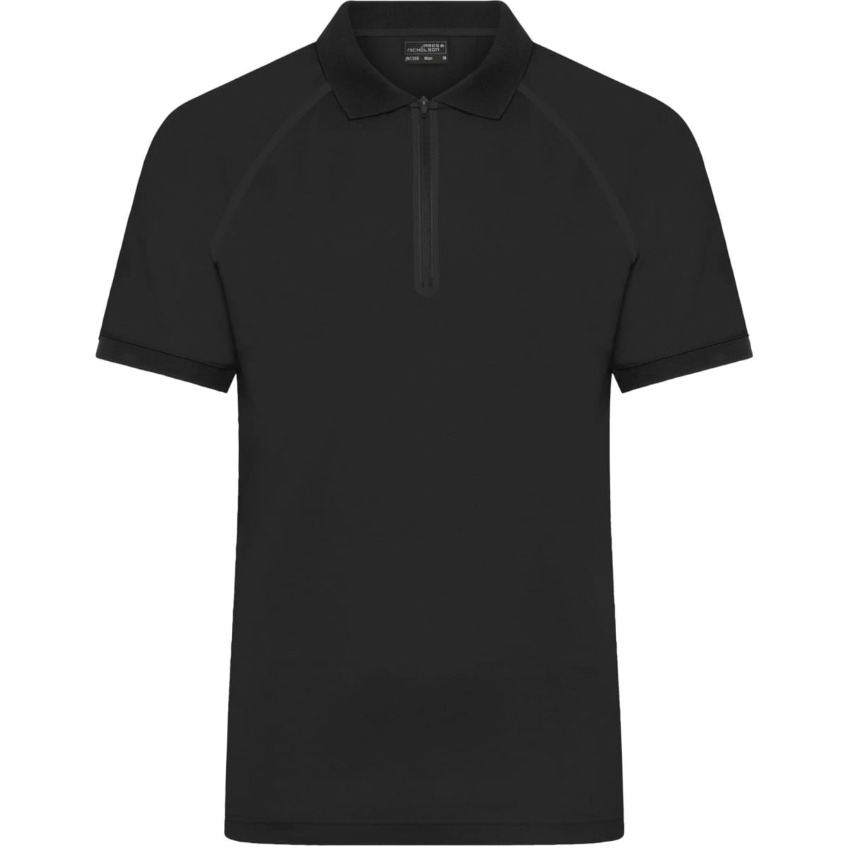 A black zip polo shirt featuring a collar and short sleeves, with a small logo on the chest.
