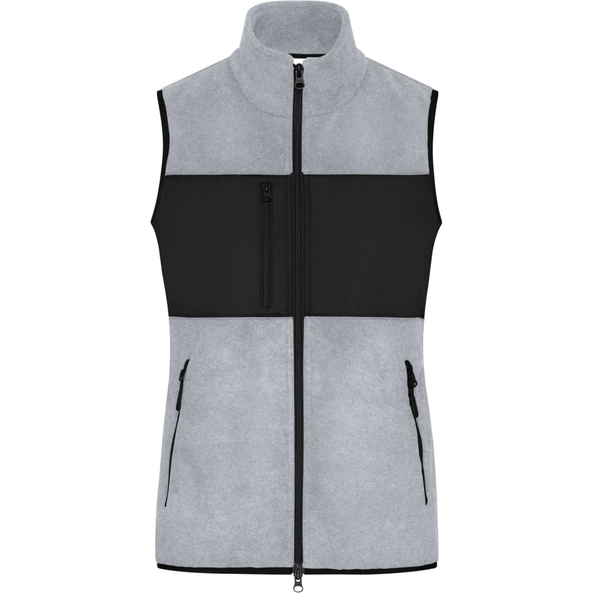 A grey and black ladies fleece vest featuring a high collar and multiple zippered pockets.
