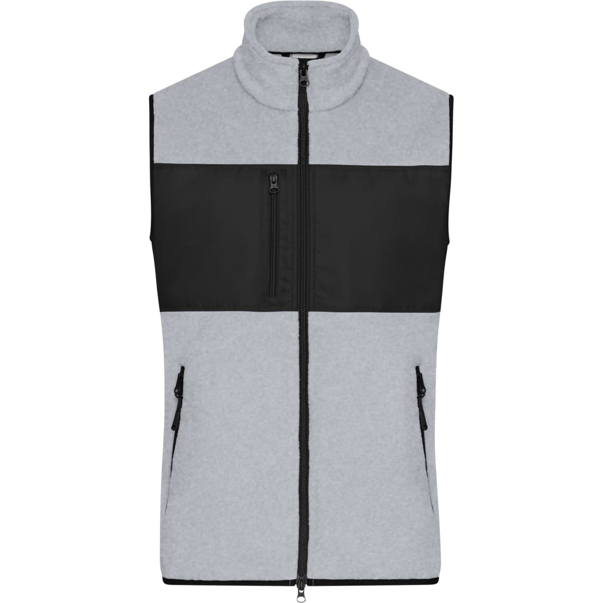 A men's fleece vest in grey with a black panel, featuring a zippered chest pocket and two side pockets.