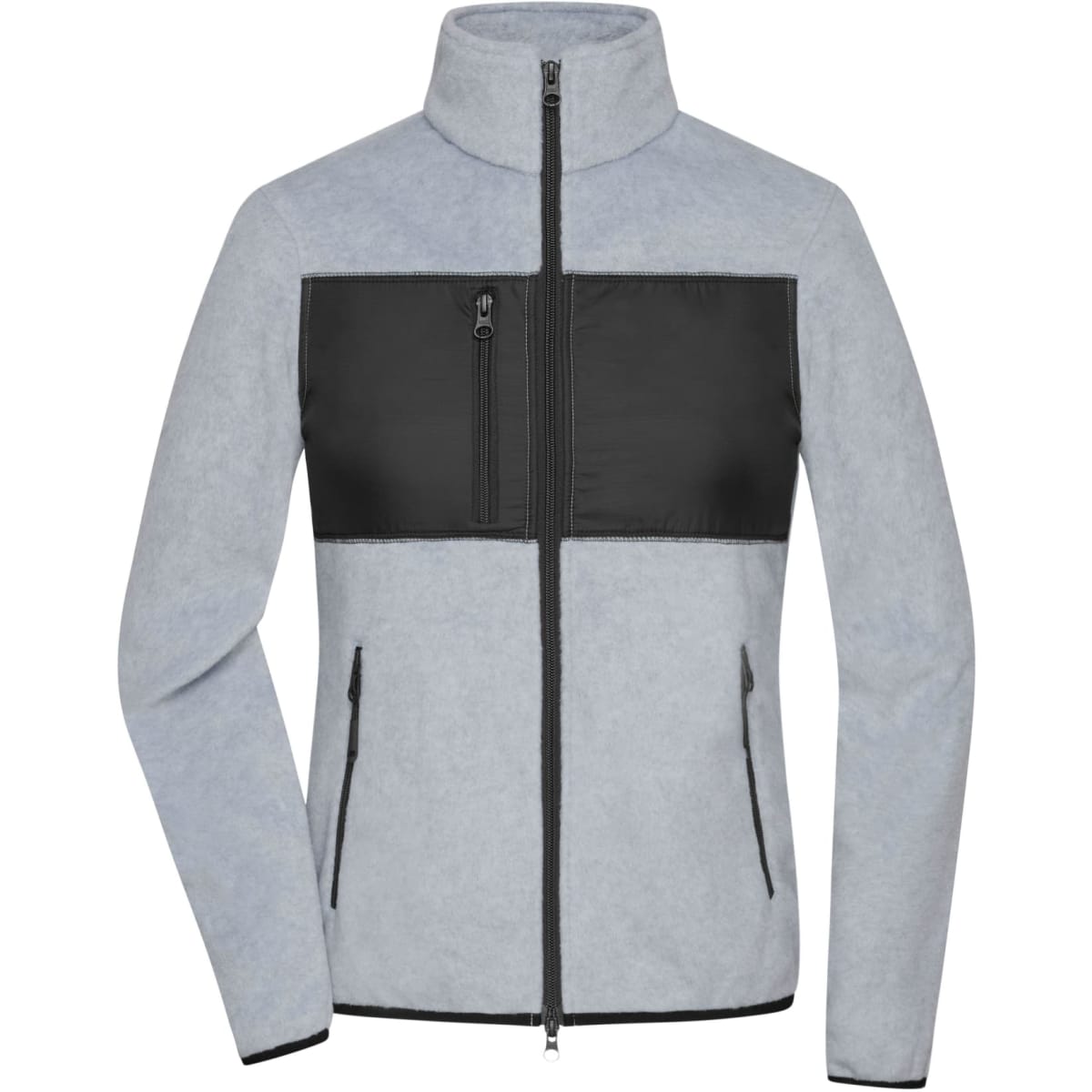 A polar fleece jacket in light grey with a black panel and zippered pockets, featuring a high collar and branding.