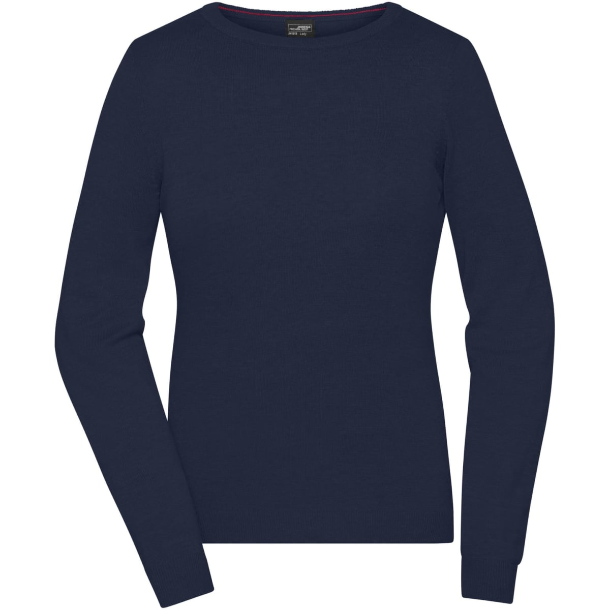 A ladies' round-neck pullover in navy, featuring long sleeves and a fitted design. Includes a logo on the label.