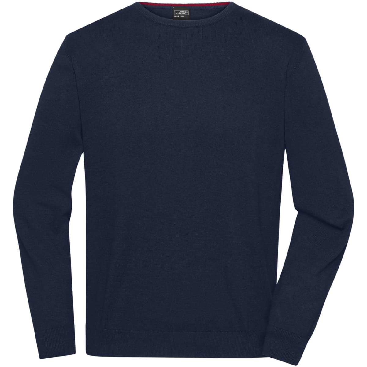 A navy blue men's round-neck pullover jumper with long sleeves, featuring a simple design and a label.