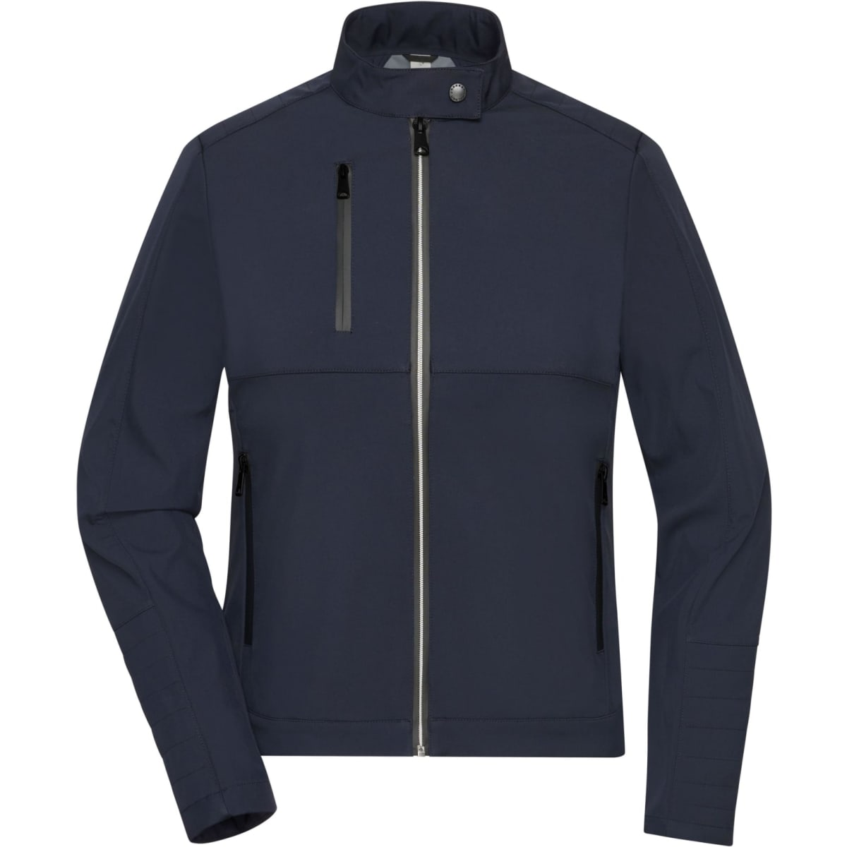 A navy blue ladies softshell jacket with front zip and multiple pockets, featuring a logo on the upper left side.