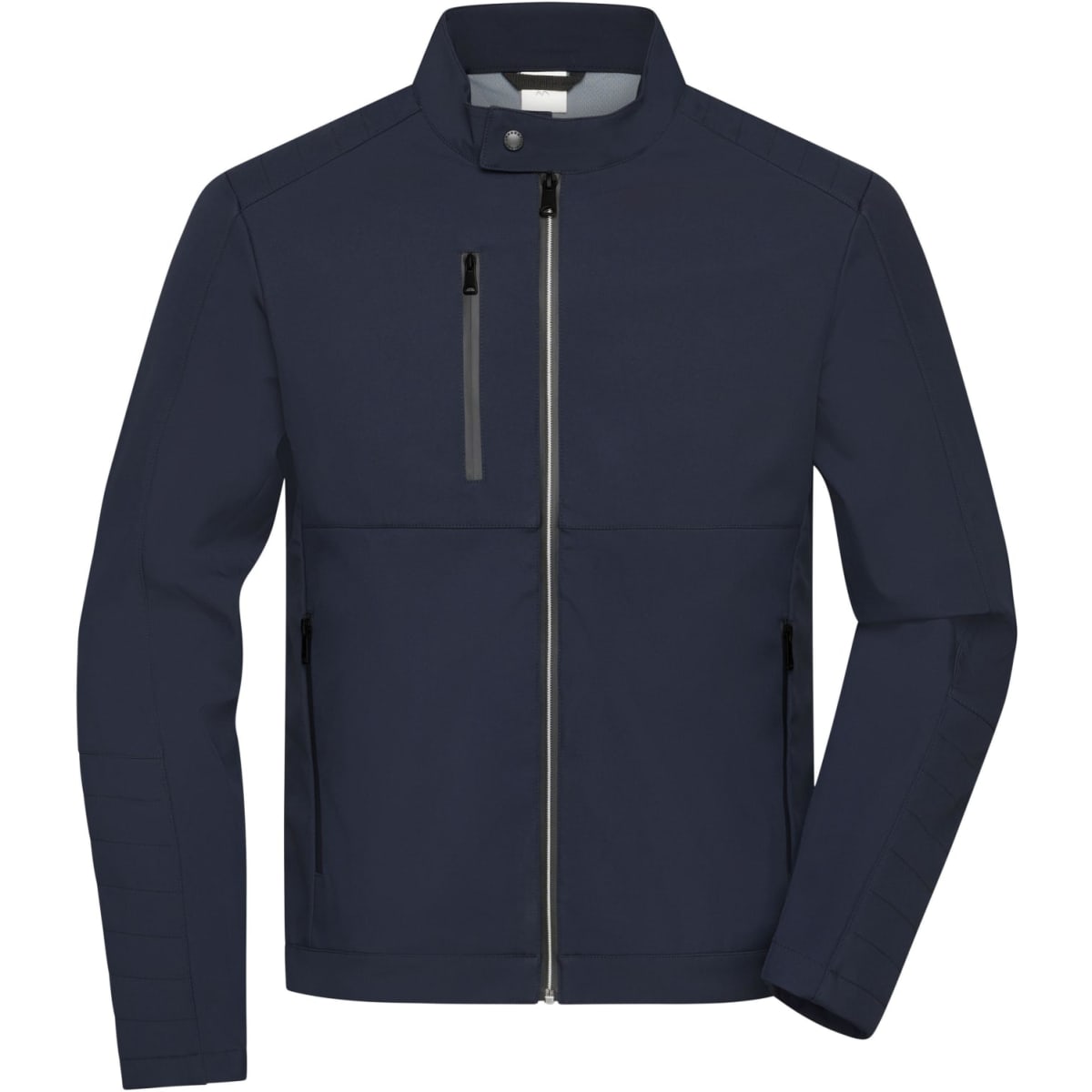 A navy men's softshell jacket featuring a zip closure and multiple pockets, including a chest pocket.