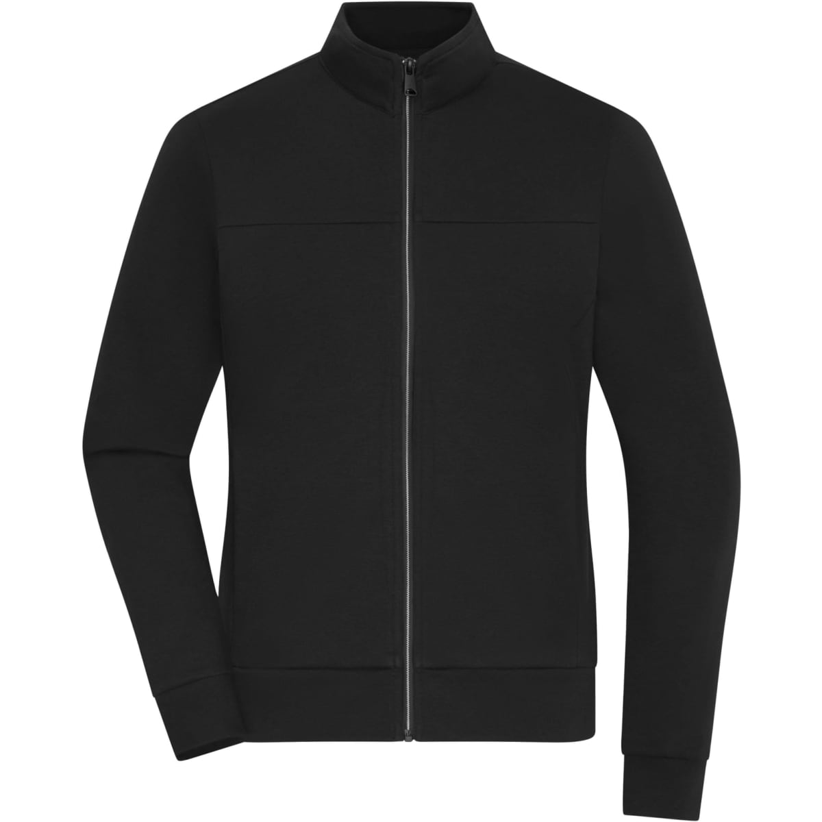 A black ladies jacket featuring a zip closure and a high neck. It has long sleeves and a minimalist design.