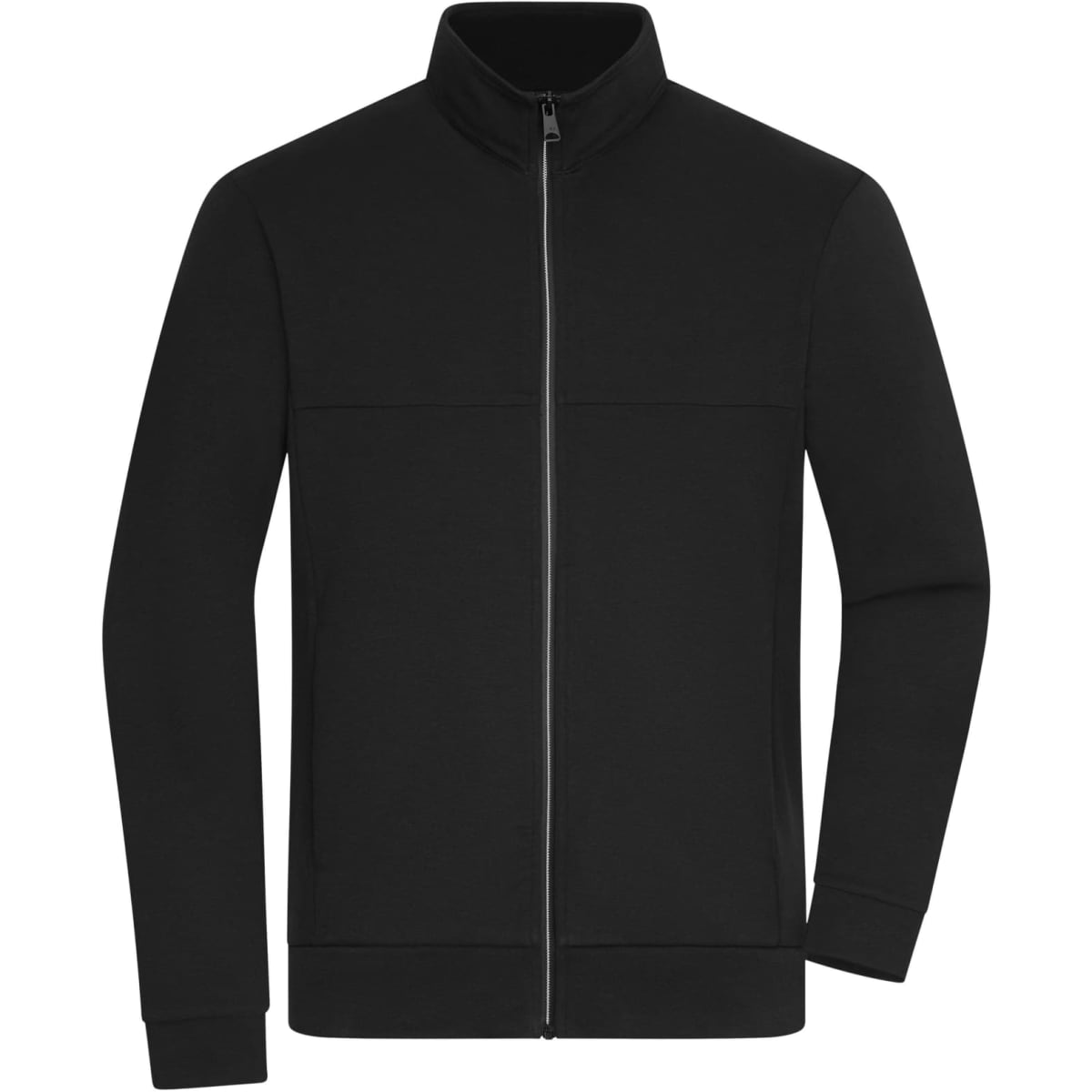 A men's black jacket with a zip front and a high collar, designed for casual wear. It features long sleeves and a simple design.
