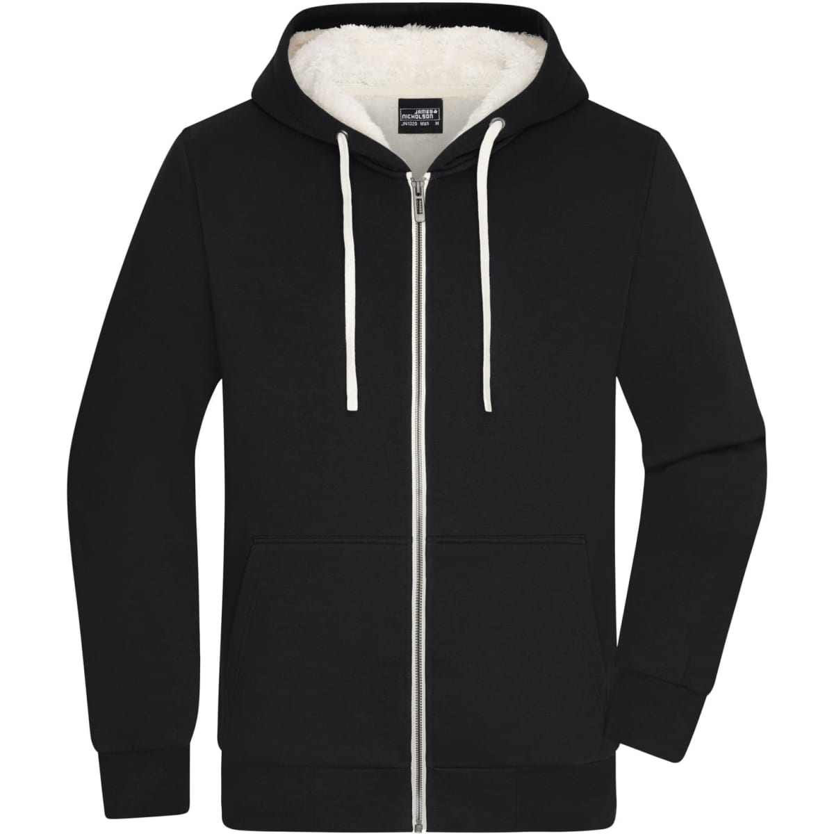 A black doubleface jacket with a zip front, hood, and white drawstrings, featuring a soft inner lining.