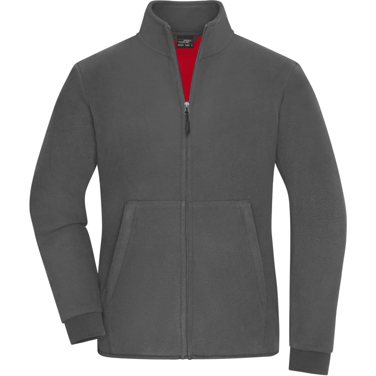 A grey bonded fleece jacket with a red interior, featuring a zip front and side pockets. It includes a logo.
