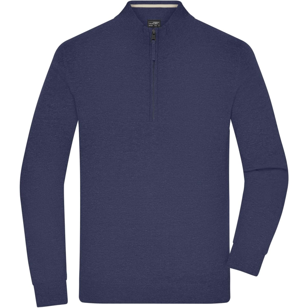 A navy men's half-zip Troyer jumper with long sleeves and a zippered collar, featuring a logo.