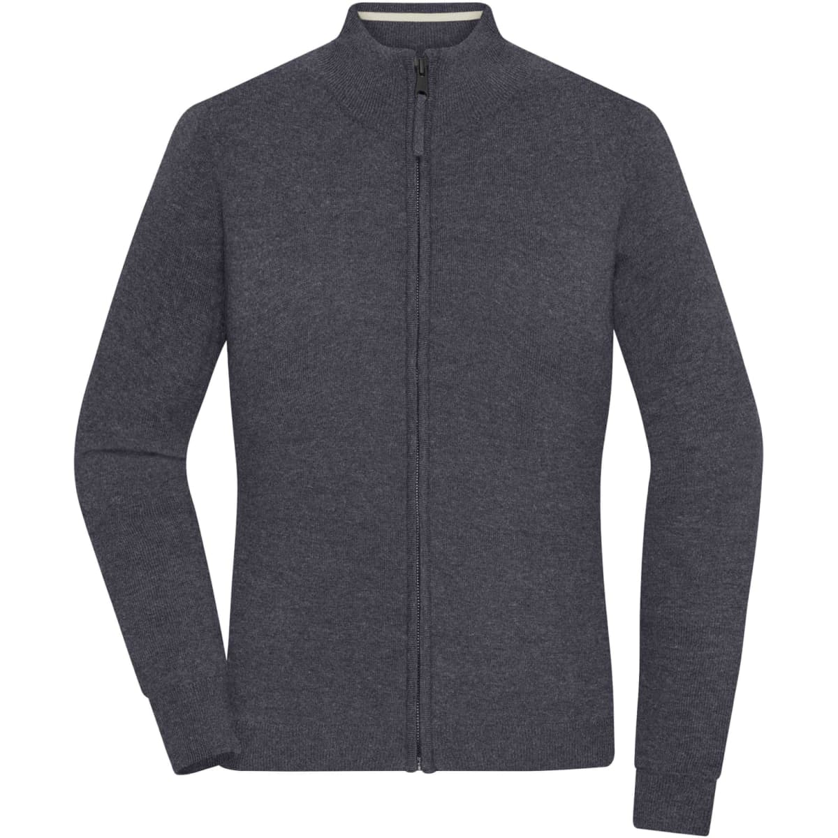 A ladies zip-cardigan in dark grey with long sleeves and a fitted silhouette. It features a zip closure and a subtle logo.