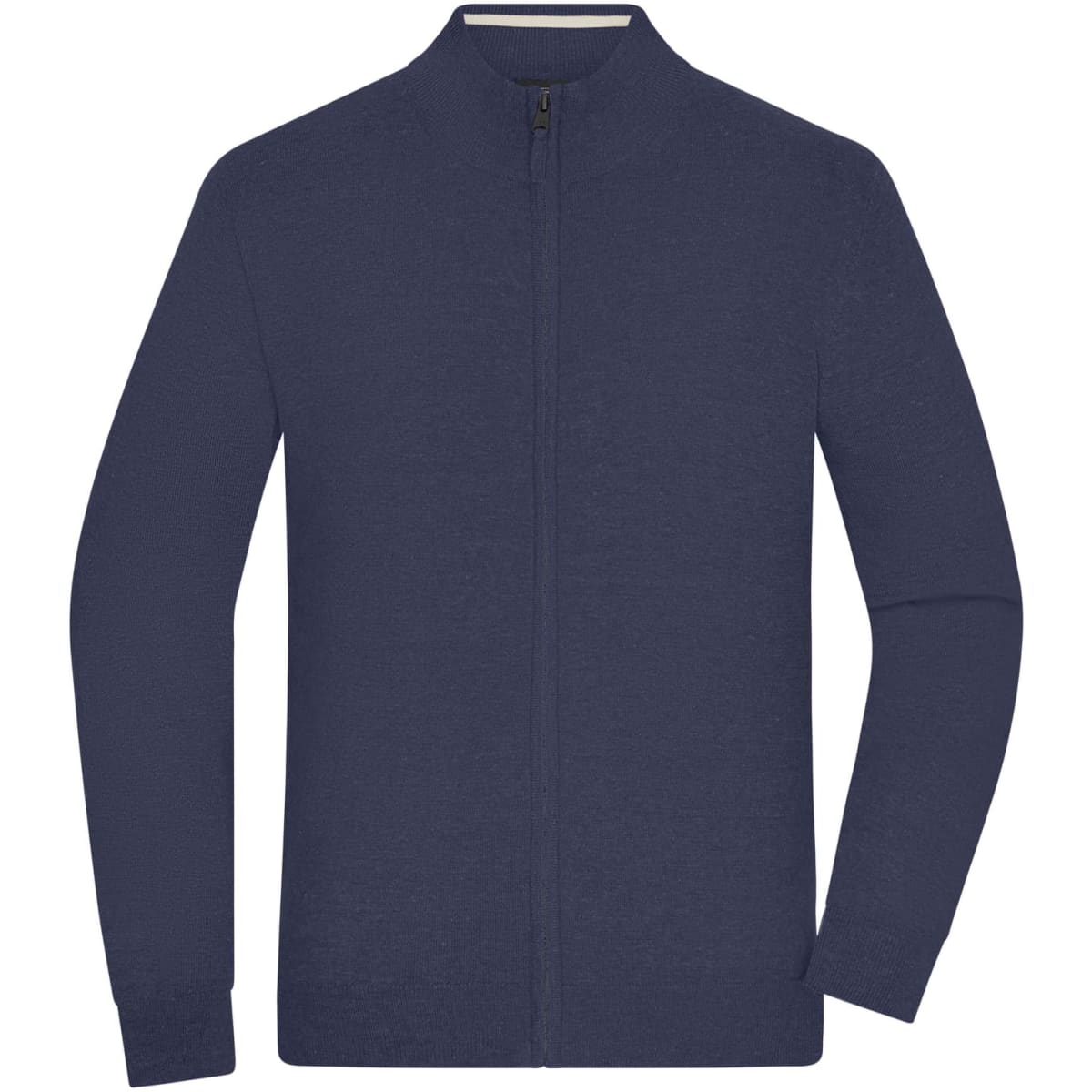 A navy men's zip cardigan with a high collar and long sleeves. It features a zipper down the front and has a logo.