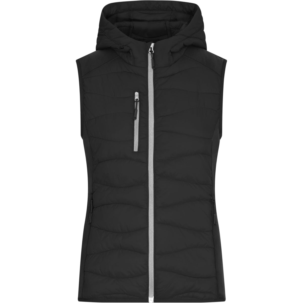 A black ladies hybrid vest with a zip front and hood, featuring a sleek design and a zipped chest pocket.