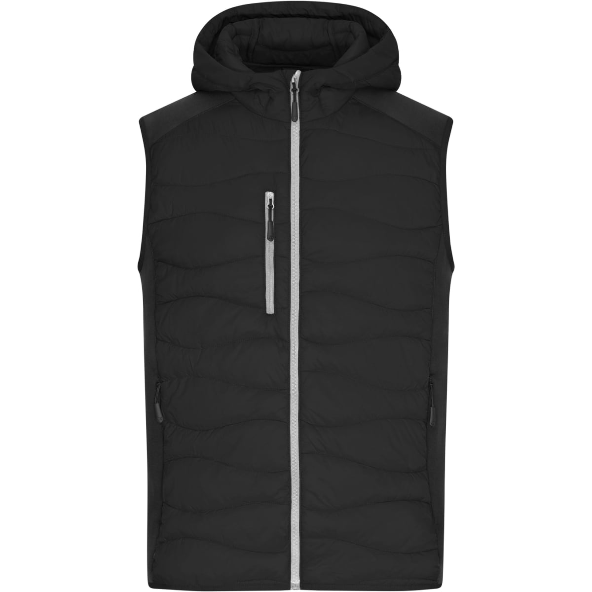 A black hybrid vest featuring a hood, zip front, and multiple pockets. It has a sleek, padded design.