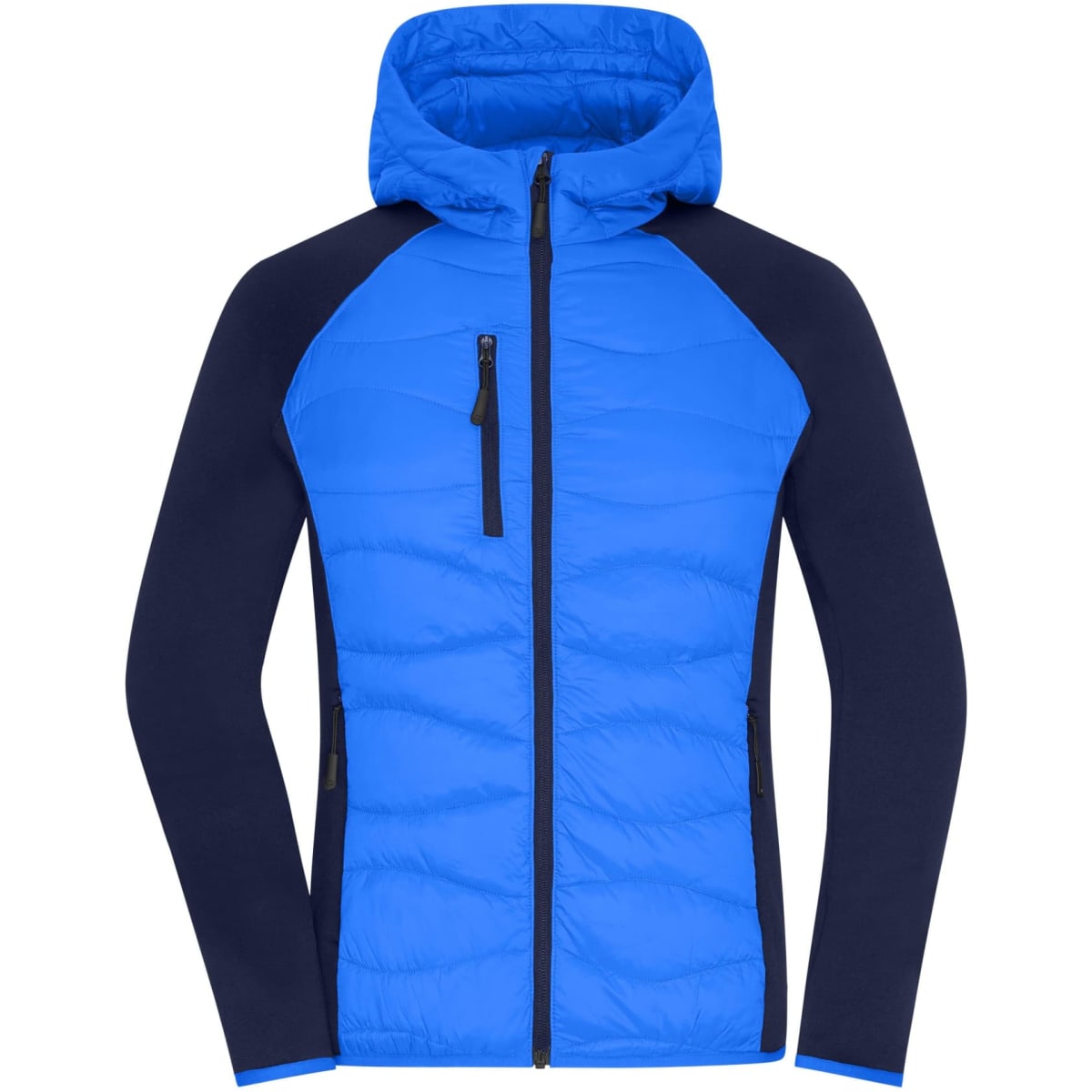 A blue and navy ladies hybrid jacket featuring a zip front and a hood. The design includes a logo on the jacket.