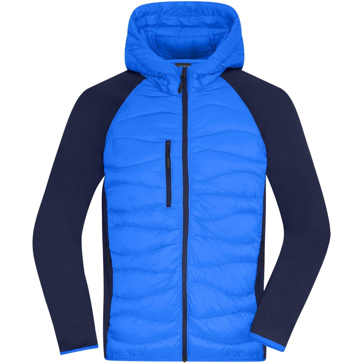 A blue and navy men's hybrid jacket with a hood and quilted body, featuring a zip pocket on the front.