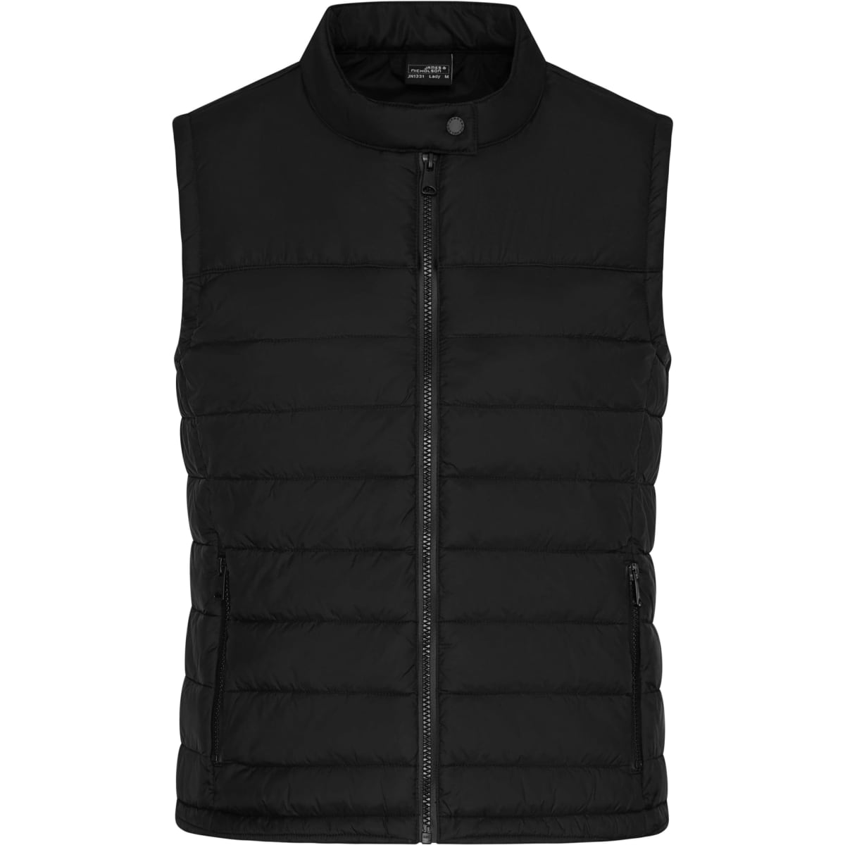 A black padded vest with a high collar and zip closure, featuring two side pockets and a logo.
