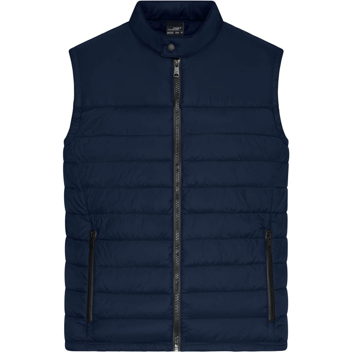A mens padded vest in navy blue, featuring a high collar and zippered front with side pockets.
