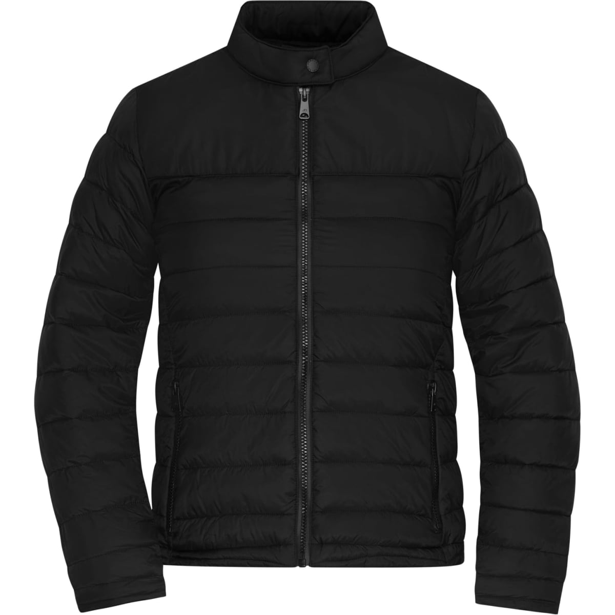 A padded jacket in black with a zip front and a high collar. Features a logo on the design.
